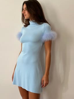 JULISSA MO Turtleneck Patchwork Feather Sleeve Women Mini Dress Short Sleeve A-line Dress Spring Skinny Elegant Party Club Dress