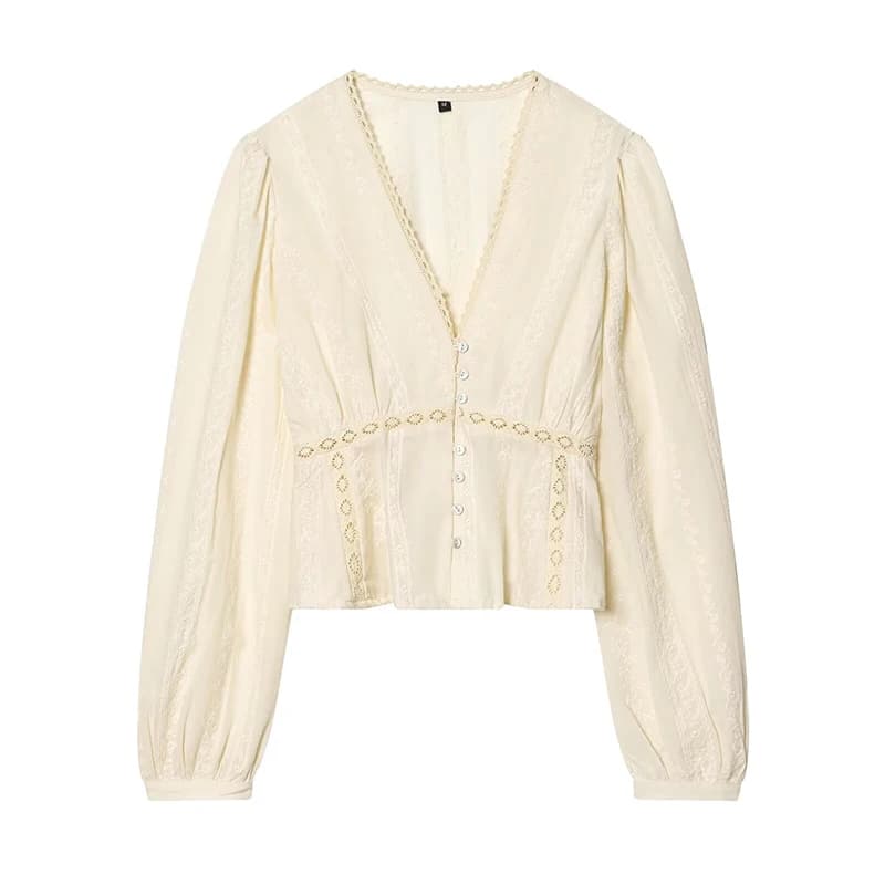 YENKYE New 2026 Women Lace Trim V Neck Romantic Embroidery Blouse Long Sleeve Casual Crop Shirt Spring Summer Tops