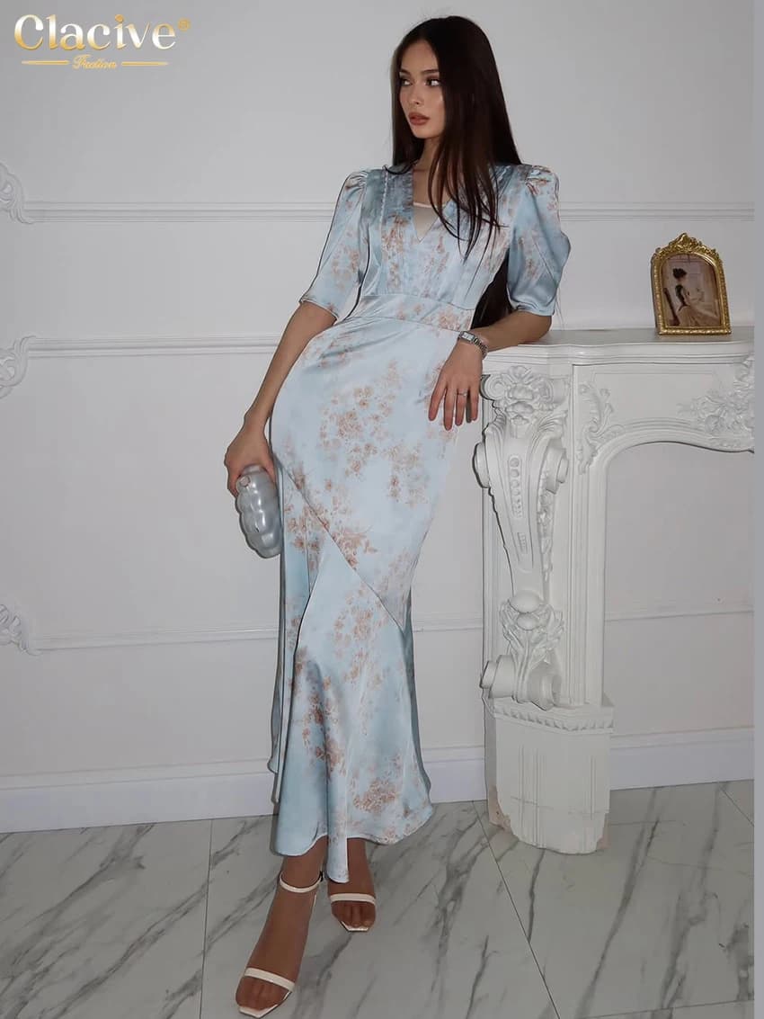 Clacive Summer Slim Print Women Dress Fashion V-Neck Short Sleeve Ankle Length Dresses Elegant Classic High Waist Female Dress