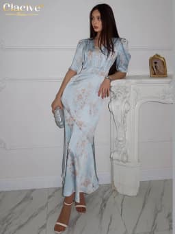 Clacive Summer Slim Print Women Dress Fashion V-Neck Short Sleeve Ankle Length Dresses Elegant Classic High Waist Female Dress