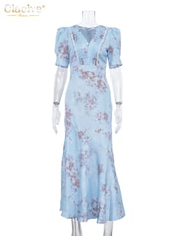 Clacive Summer Slim Print Women Dress Fashion V-Neck Short Sleeve Ankle Length Dresses Elegant Classic High Waist Female Dress