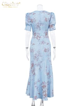 Clacive Summer Slim Print Women Dress Fashion V-Neck Short Sleeve Ankle Length Dresses Elegant Classic High Waist Female Dress