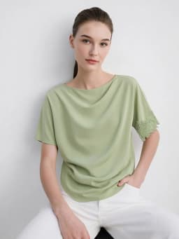 Amii Women's Blouse 2026 Summer New Boat Neck Lace Trim Asymmetric Hem Top Office Casual Short Sleeve Chiffon Shirt 12642087