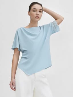 Amii Women's Blouse 2026 Summer New Boat Neck Lace Trim Asymmetric Hem Top Office Casual Short Sleeve Chiffon Shirt 12642087