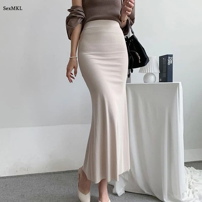 Elegant Summer Long Skirts Women Fashion High Waist Elastic Korean Y2k Clothes Casual Slim Ladies Mid Length Pink Black Skirt