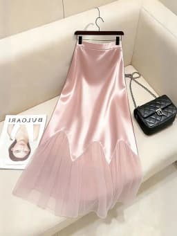 Women's Pink Satin Maxi Skirt High Waist Scalloped Hem Mesh Tulle Bodycon Marmaid Skirt Elegant French Vintage Formal Party Wear
