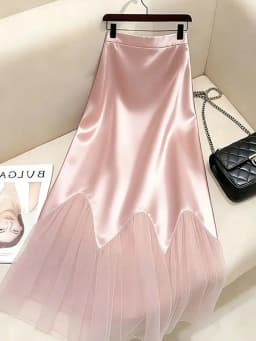 Women's Pink Satin Maxi Skirt High Waist Scalloped Hem Mesh Tulle Bodycon Marmaid Skirt Elegant French Vintage Formal Party Wear