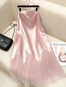 Women's Pink Satin Maxi Skirt High Waist Scalloped Hem Mesh Tulle Bodycon Marmaid Skirt Elegant French Vintage Formal Party Wear