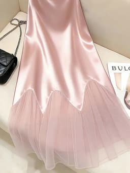 Women's Pink Satin Maxi Skirt High Waist Scalloped Hem Mesh Tulle Bodycon Marmaid Skirt Elegant French Vintage Formal Party Wear