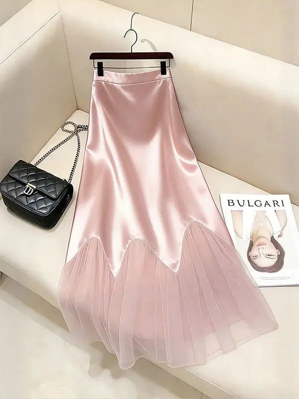 Women's Pink Satin Maxi Skirt High Waist Scalloped Hem Mesh Tulle Bodycon Marmaid Skirt Elegant French Vintage Formal Party Wear
