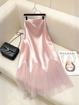 Women's Pink Satin Maxi Skirt High Waist Scalloped Hem Mesh Tulle Bodycon Marmaid Skirt Elegant French Vintage Formal Party Wear