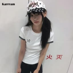 Karrram Japanese Y2k Puppy Embroidered T-shirt Vintage Harajuku Short Sleeve White T Shirt 2000s Style Cutecore Patchwork Tops