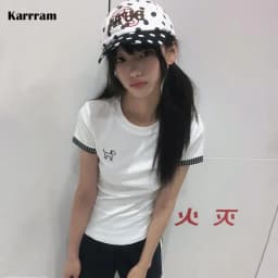 Karrram Japanese Y2k Puppy Embroidered T-shirt Vintage Harajuku Short Sleeve White T Shirt 2000s Style Cutecore Patchwork Tops