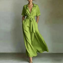 Shirt Style Wrap Waist Maxi Dress Lapel Short Sleeve Tie Waist Flowy Casual Vacation Sundress