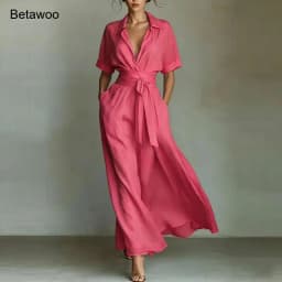 Shirt Style Wrap Waist Maxi Dress Lapel Short Sleeve Tie Waist Flowy Casual Vacation Sundress