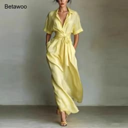 Shirt Style Wrap Waist Maxi Dress Lapel Short Sleeve Tie Waist Flowy Casual Vacation Sundress