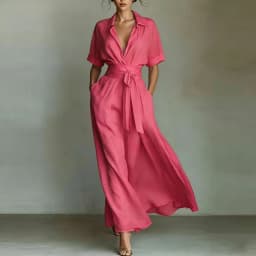 Shirt Style Wrap Waist Maxi Dress Lapel Short Sleeve Tie Waist Flowy Casual Vacation Sundress