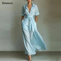 Shirt Style Wrap Waist Maxi Dress Lapel Short Sleeve Tie Waist Flowy Casual Vacation Sundress