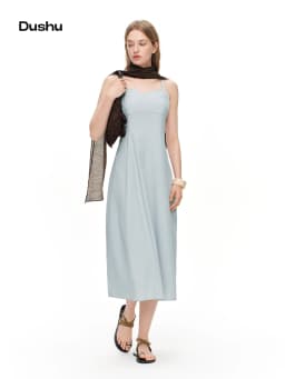 DUSHU 2026 Summer Women's French-Inspired Minimalist Spaghetti Strap Dress Bloom Hem - Casual Style for Daily Summer Outings