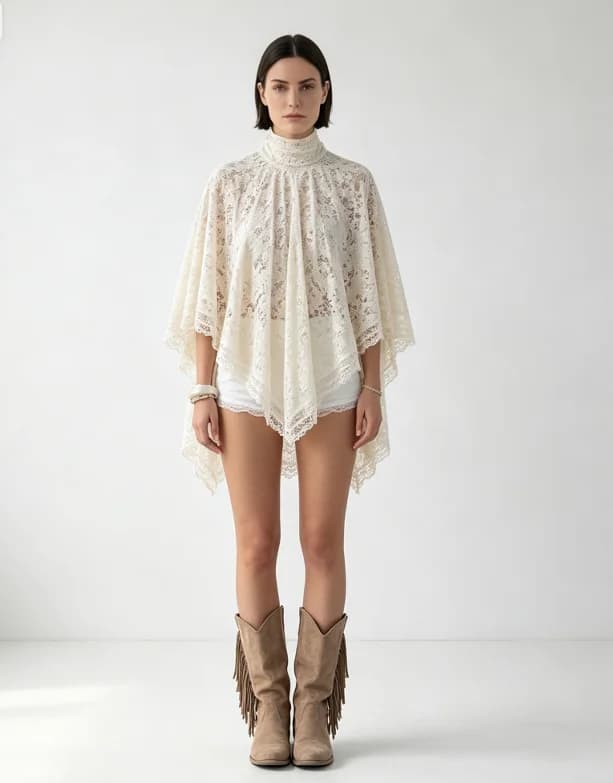 2026 New Off-White Lace Two-Piece Set Women High Neck Cape Sleeve Top & Lace Trim Shorts Vacation Outfit