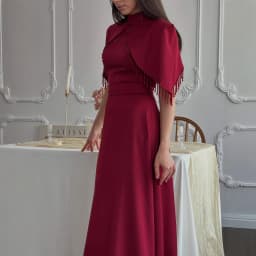 Women's Stand Collar Tassel Shawl Tight Slimming Long Big Hem Dress Elegant Graceful Banquet Date Host Versatile Evening Dress