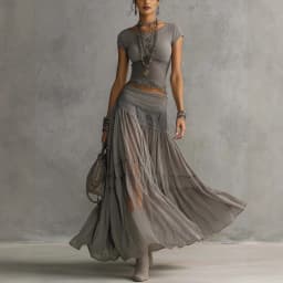 Grey Knitted Top + Chiffon Dress Set, Women's Fashion Elegant Two-piece Set
