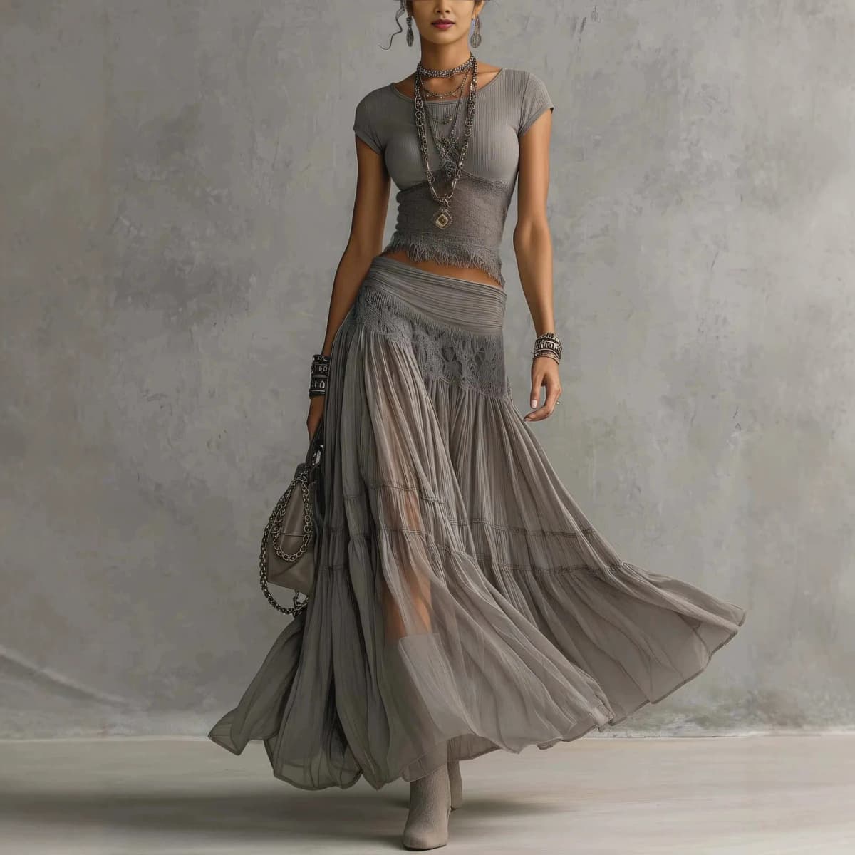 Grey Knitted Top + Chiffon Dress Set, Women's Fashion Elegant Two-piece Set