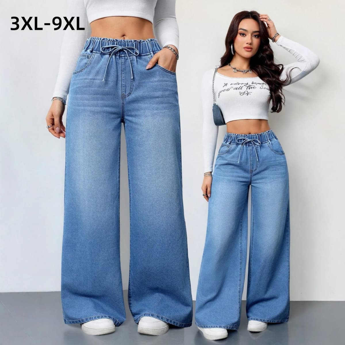 High Waist Wide Leg Denim Pants Elastic Drawstring Waist Loose Fit Jeans Casual Long Trousers for Plus Size Women 6XL 7XL 8XL9XL