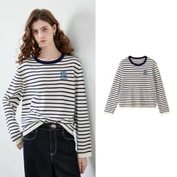 TOYOUTH Women's Wool Blend Striped Knit Top 2026 Fall New Arrival Crew Neck Embroidery Preppy Early Fall Top