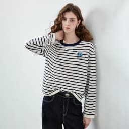 TOYOUTH Women's Wool Blend Striped Knit Top 2026 Fall New Arrival Crew Neck Embroidery Preppy Early Fall Top