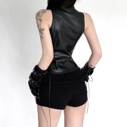 Women Gothic Punk Black Faux Leather Buckle Zip Sleeveless Vest Top Clubwear Alternative Streetwear Festival Outfit (Non Sleeves