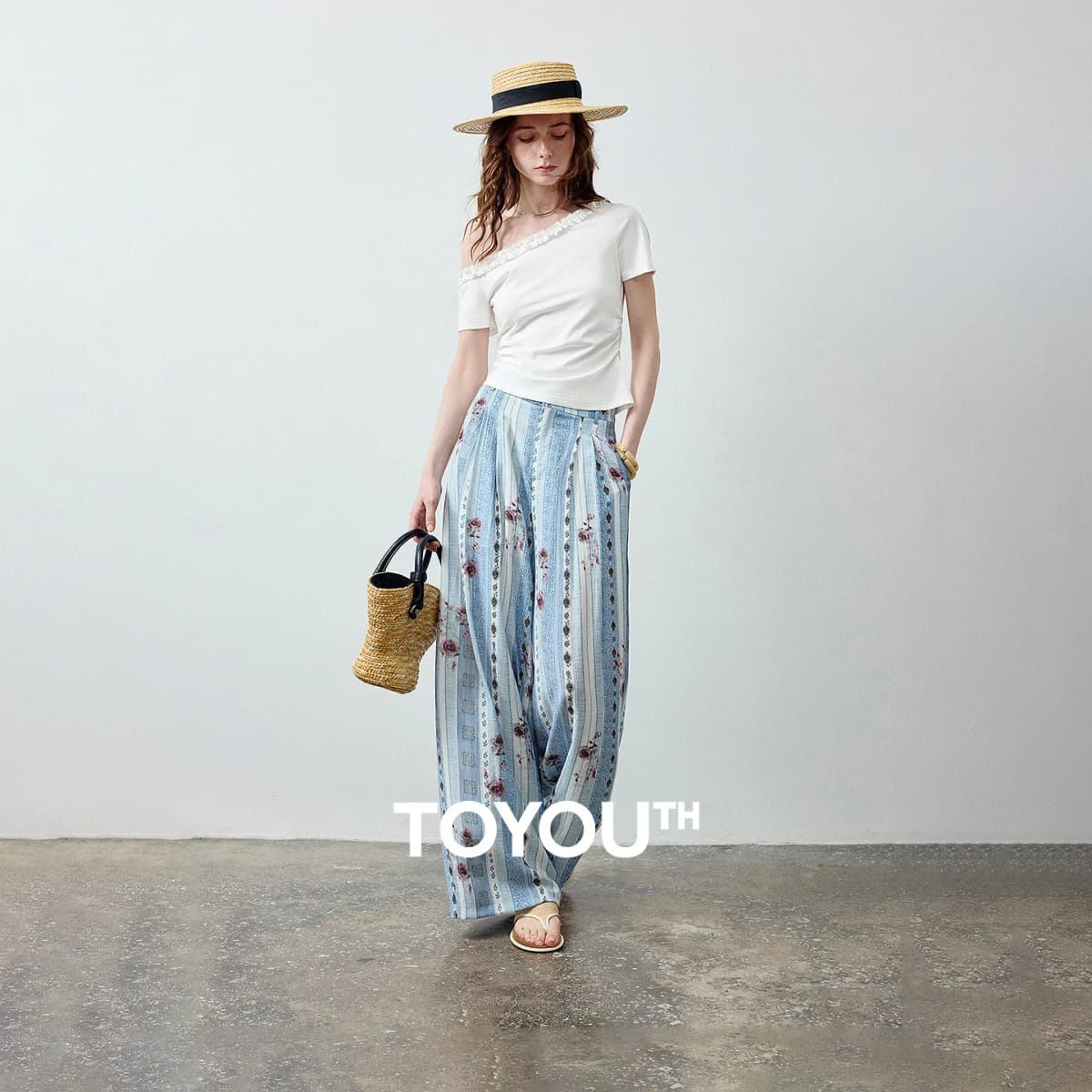 TOYOUTH Women 2 Piece Set 2026 Summer New South France Holiday Lace Off Shoulder Slim Top Rose Stripe Casual Pants Outfits