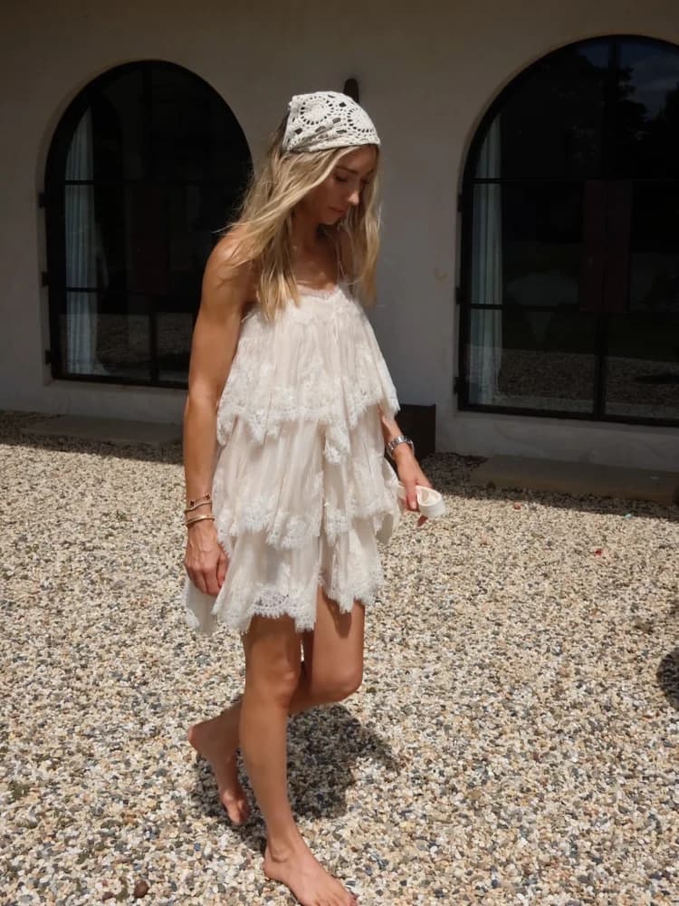 Chic Vintage Dress Lace Elegant Feminine Strapless Tiered Women Dresses Vocation Summer Sweet Trendy Stylish Casual Outfit