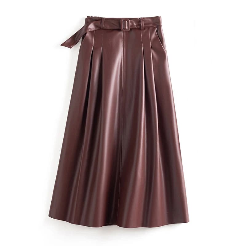 Plus size 5XL Split Sheepskin Skirt for Women 2026 Fashion High Waist Belt A-line Long Skirt Chic Ladies Wine Red Leather Skirts