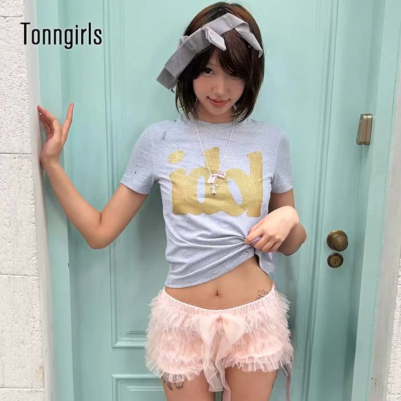 Tonngirls Y2k Japanese Print Bubble Letter Tee Short Sleeve T-shirt Women Aesthetic 2000s Vintage Crop Tops Streetwear Tshirts