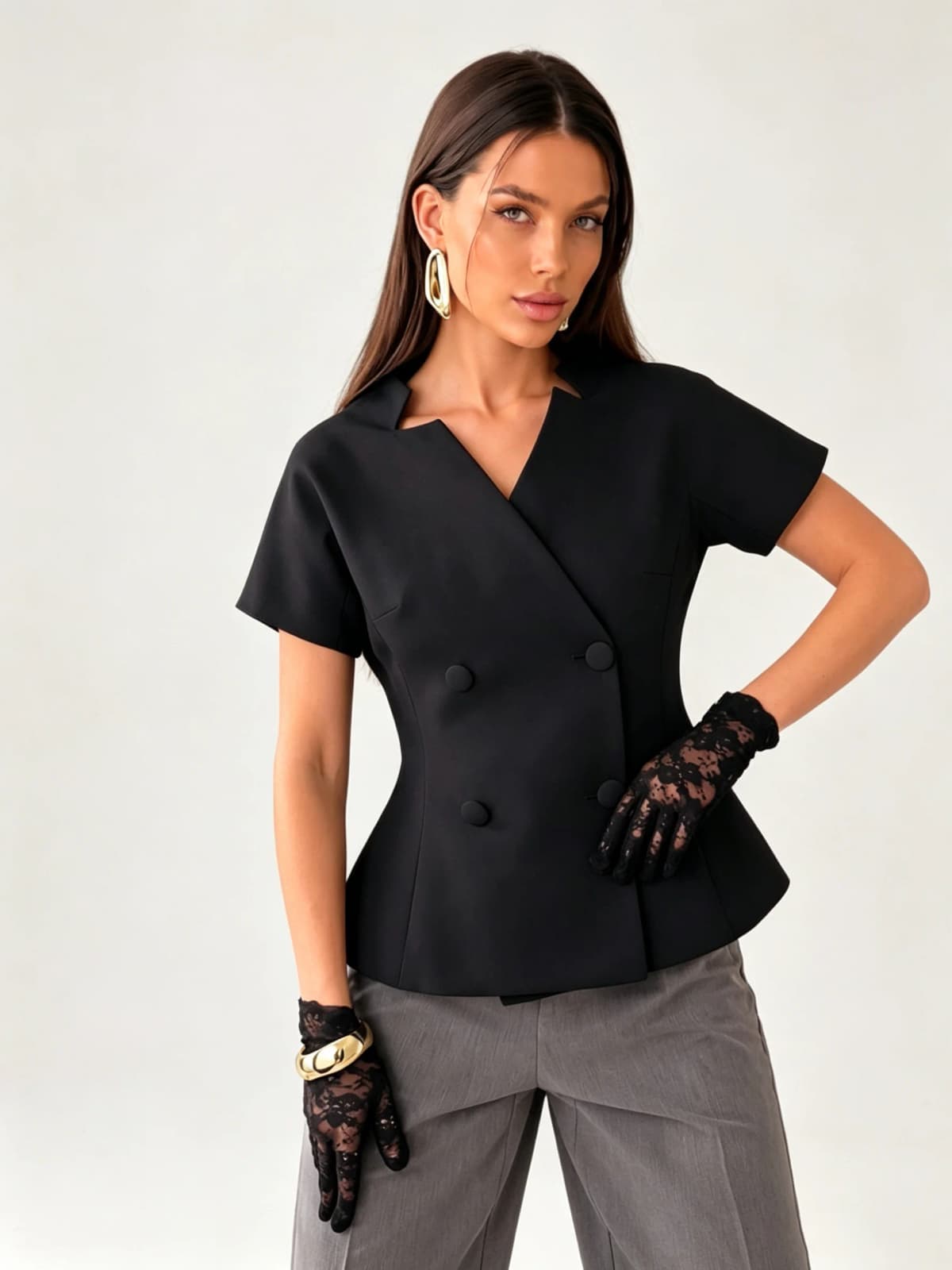 LIMO Black Peplum Blazer Women Short Sleeve Double Breasted V-Neck Office Tailored Top