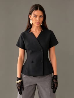 LIMO Black Peplum Blazer Women Short Sleeve Double Breasted V-Neck Office Tailored Top