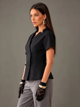 LIMO Black Peplum Blazer Women Short Sleeve Double Breasted V-Neck Office Tailored Top