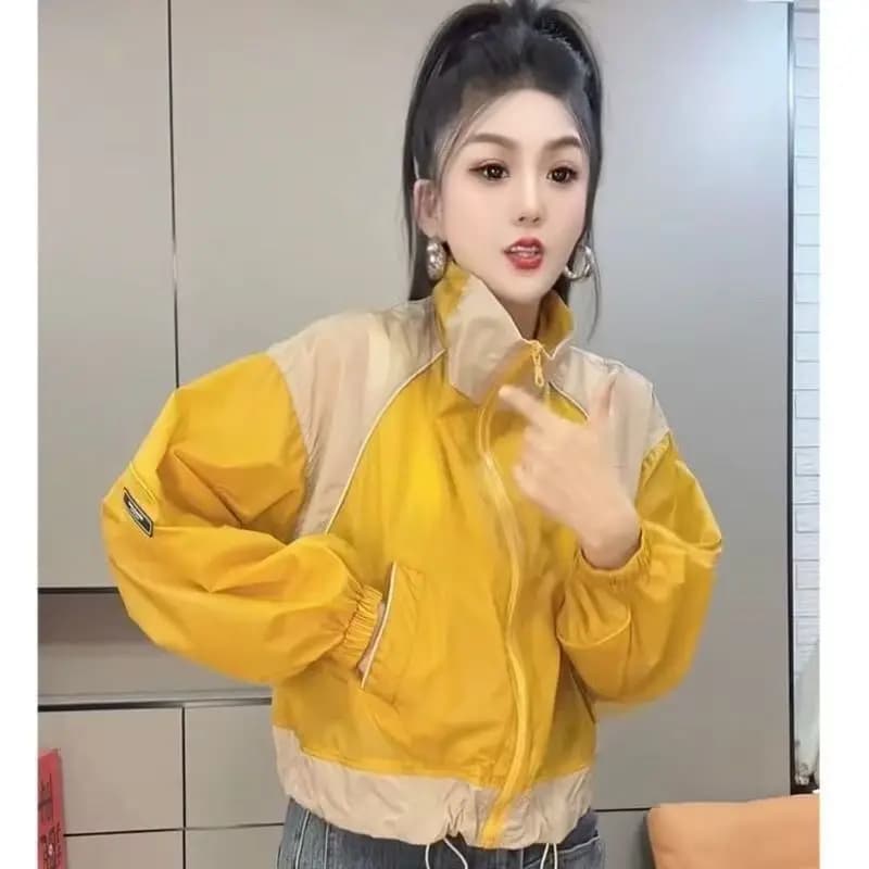 2026 Summer New Versatile Splicing Sunscreen Design Loose Clothes Women's Casual Contrasting Coat Thin Stand-Up Collar