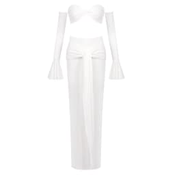 VC White Two-Piece Beach Outfit – Off-Shoulder Crop Top&High-Waist Maxi Skirt Set for Vacation&Resort Wear Y2K Ruched Dress Set