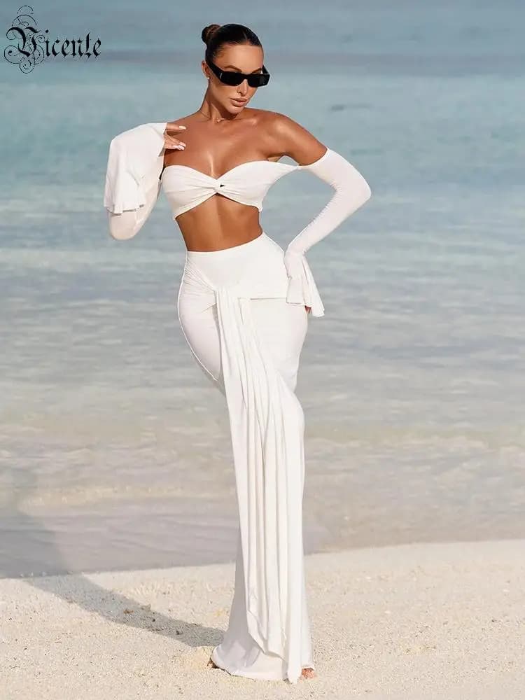 VC White Two-Piece Beach Outfit – Off-Shoulder Crop Top&High-Waist Maxi Skirt Set for Vacation&Resort Wear Y2K Ruched Dress Set