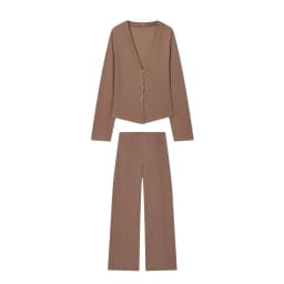 HH Autumn Women Fashion V-Neck Long Sleeve Single-breasted Soft Coat+High Waist Elastic Slim Wide-leg Pants Solid 2-Piece Set
