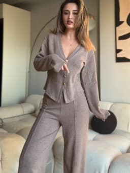 HH Autumn Women Fashion V-Neck Long Sleeve Single-breasted Soft Coat+High Waist Elastic Slim Wide-leg Pants Solid 2-Piece Set