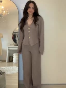 HH Autumn Women Fashion V-Neck Long Sleeve Single-breasted Soft Coat+High Waist Elastic Slim Wide-leg Pants Solid 2-Piece Set