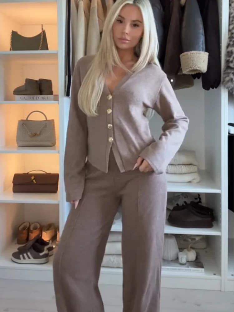 HH Autumn Women Fashion V-Neck Long Sleeve Single-breasted Soft Coat+High Waist Elastic Slim Wide-leg Pants Solid 2-Piece Set