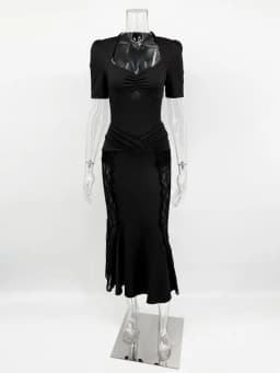 Tossy Sexy Lace 2 Piece-Set Long Skirt For Women Hollow Out Slim Cropped Top And High Waist Patchwork Long Skirt Outfits Female