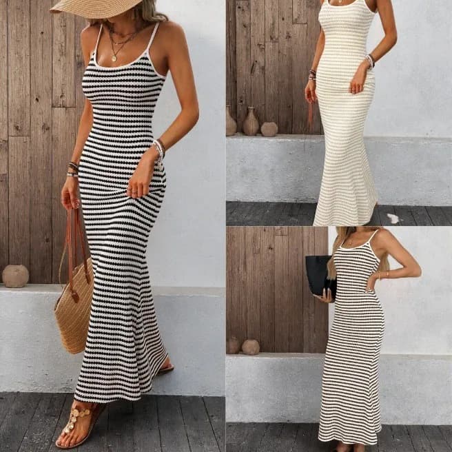 Summer Woman Dress Sleeveless Midi Dresses Women's Summer Maxi Spaghetti Strap Slip Dress Black And White Striped Knit Dress
