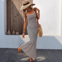 Summer Woman Dress Sleeveless Midi Dresses Women's Summer Maxi Spaghetti Strap Slip Dress Black And White Striped Knit Dress