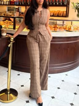 Vintage Plaid 2 Piece Set Women Casual Single Breasted Vest Top and Drawstring Wide Leg Pants Suits Elegant Female Match Sets