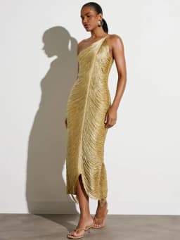 2026 Gold One Shoulder Ruched Maxi Dress Shimmering Metallic Bodycon Midi Gown with Front Slit for Formal Gala платье женское